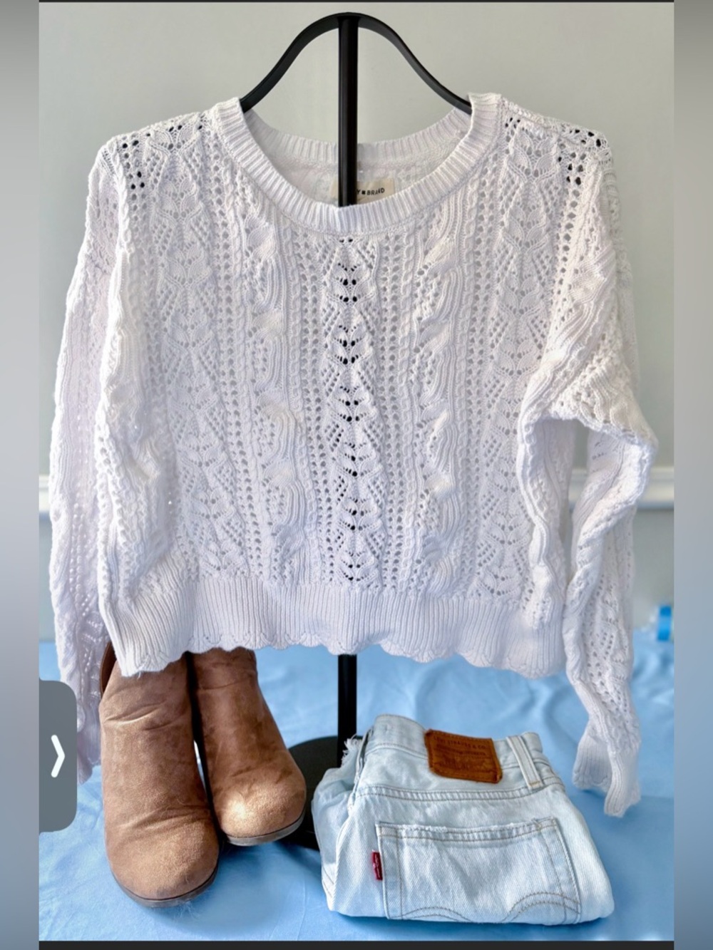 Lucky Brand White Crochet Knit Sweater Cropped Boho Coastal Cowgirl Size L